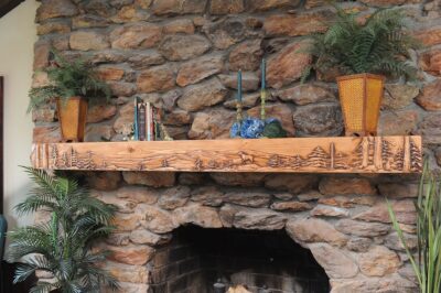 Fireplace mantel displaying blue ridge hound