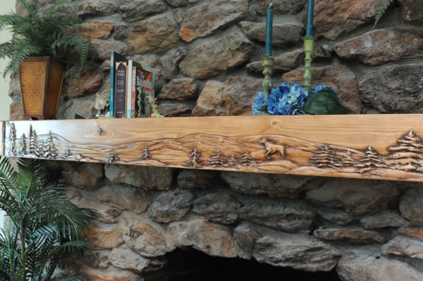 Fireplace mantel displaying blue ridge hound
