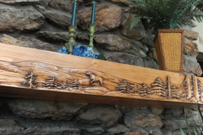 Fireplace mantel displaying blue ridge hound