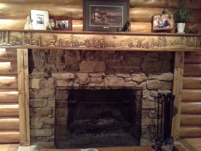 Log cabin fireplace mantel